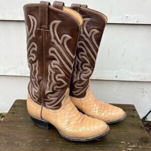 Vintage Tony Lama Black Label Tan Cream Snake Skin Almond Toe Cowboy Boots 7B